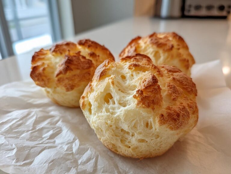 Three freshly baked cloud bread muffins with golden brown tops resting on white parchment paper.