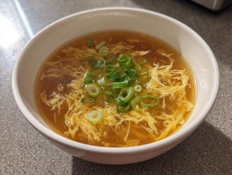 A white bowl filled with hot egg drop soup, featuring delicate ribbons of cooked egg and topped with fresh green onion slices.