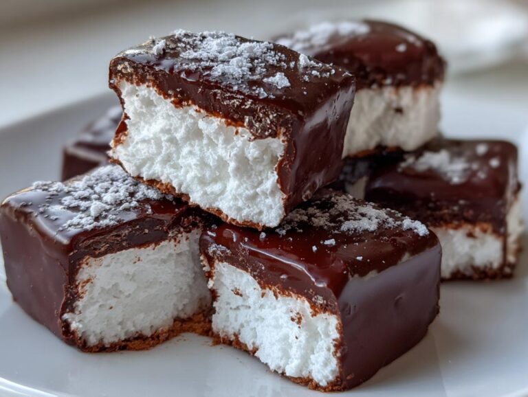 Close-up of stacked Cool Whip Candy squares featuring a thick white filling, rich chocolate coating, and powdered sugar dusting.