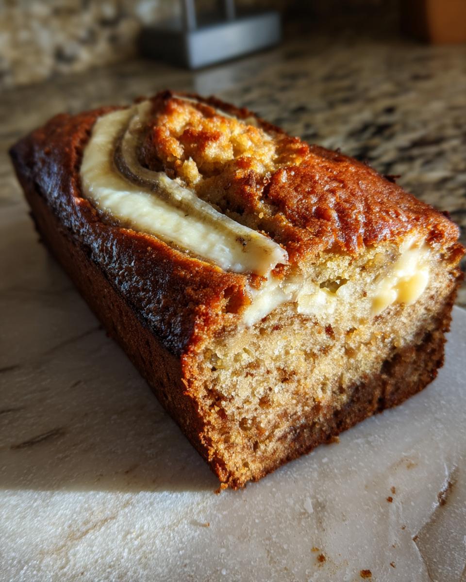 A freshly baked loaf of cream cheese banana bread with a golden crust and a visible cream cheese swirl and banana slice on top.