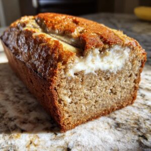 Close-up of a baked loaf of cream cheese banana bread showing the moist crumb and cream cheese swirl.