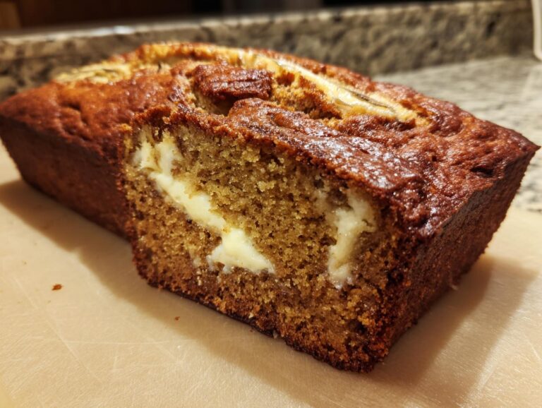 A loaf of freshly baked cream cheese banana bread sliced to show the creamy white cream cheese swirl inside.