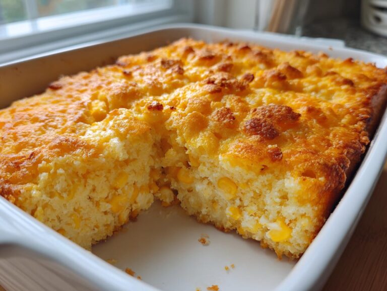 A freshly baked cream cheese corn casserole with a golden, cheesy top, showing a portion removed from the white baking dish.