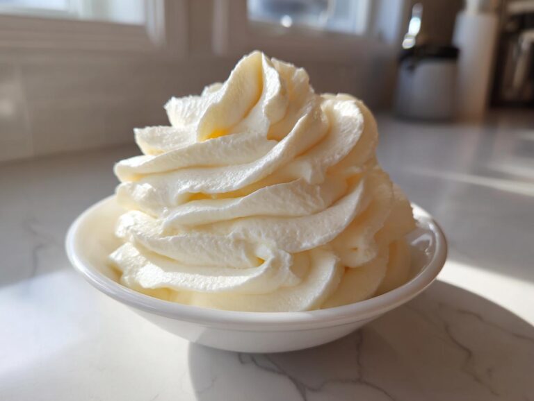 A beautifully piped swirl of fluffy white cream cheese frosting served in a small white bowl.