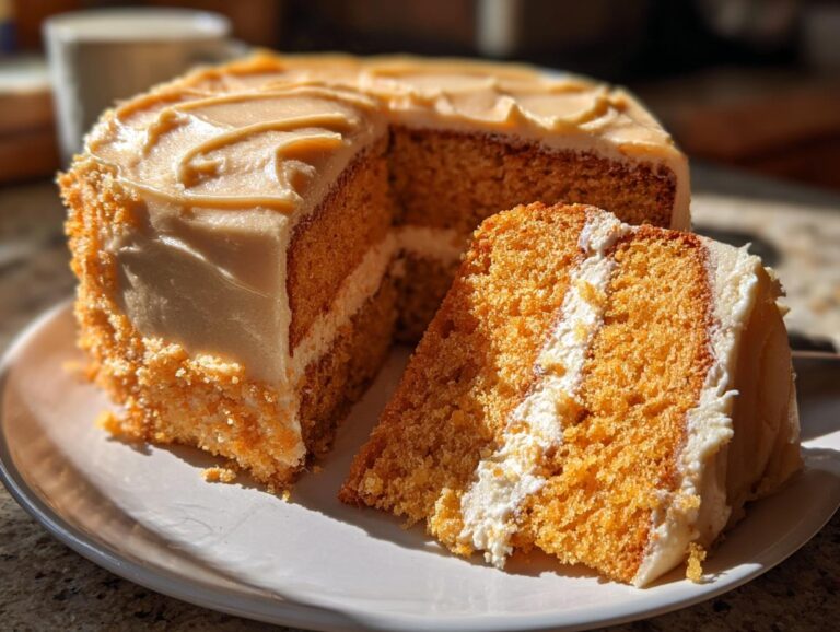 A slice of vibrant orange Creamsicle Cake with white filling and light orange frosting, sitting next to the main cake.