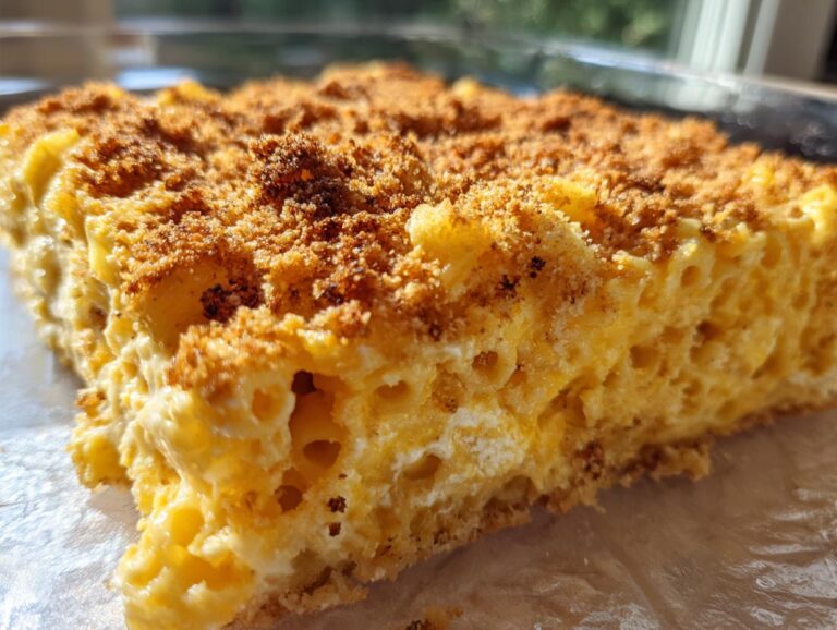A close-up, macro shot of a thick slice of creamy baked mac and cheese showing elbow macaroni texture and a golden brown breadcrumb topping.