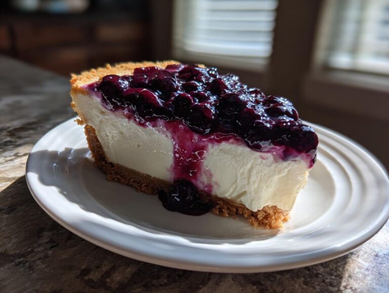 A close-up of one perfect slice of creamy blueberry cheesecake on a white plate.