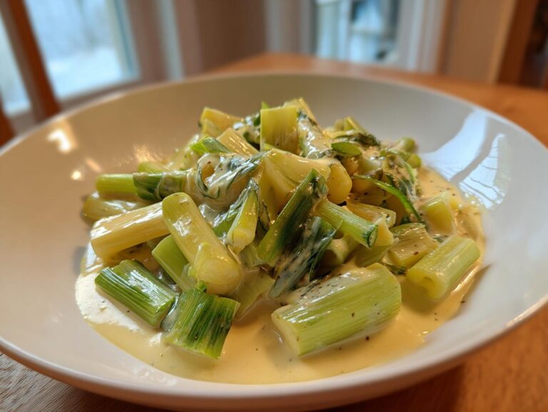 Close-up of tender, creamy braised leeks served in a shallow white bowl, featuring a rich sauce.