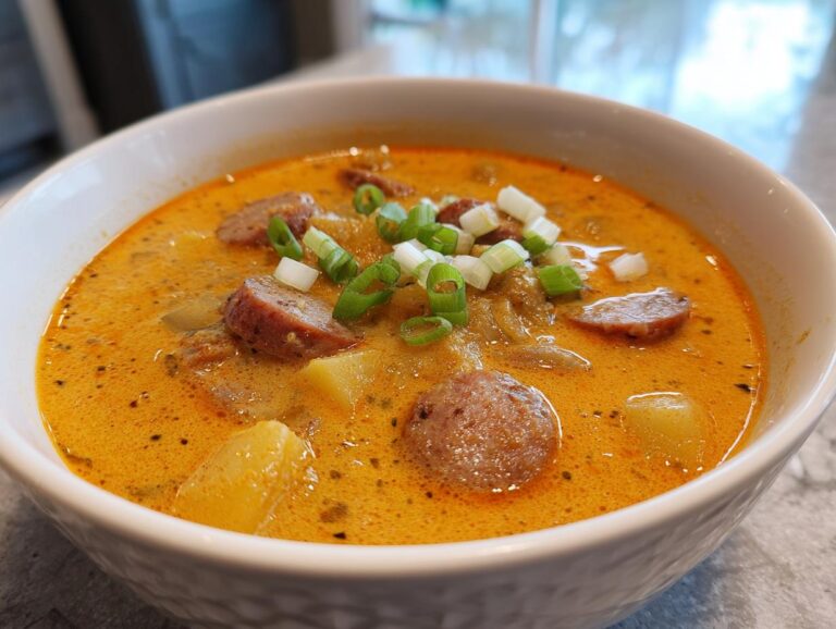 Close-up of a bowl of rich, orange-hued Cajun potato soup featuring slices of sausage and topped with fresh green onions.