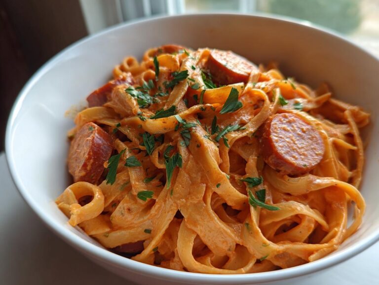 Close-up of creamy cajun sausage pasta featuring fettuccine noodles, sliced sausage, and fresh parsley garnish.