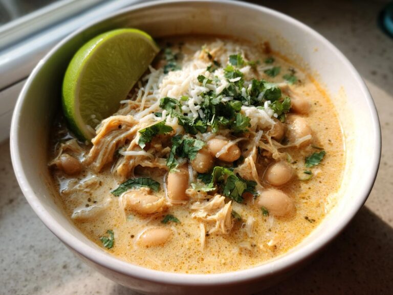 A close-up of a bowl of creamy chicken chili featuring shredded chicken, white beans, topped with shredded cheese, cilantro, and a lime wedge.