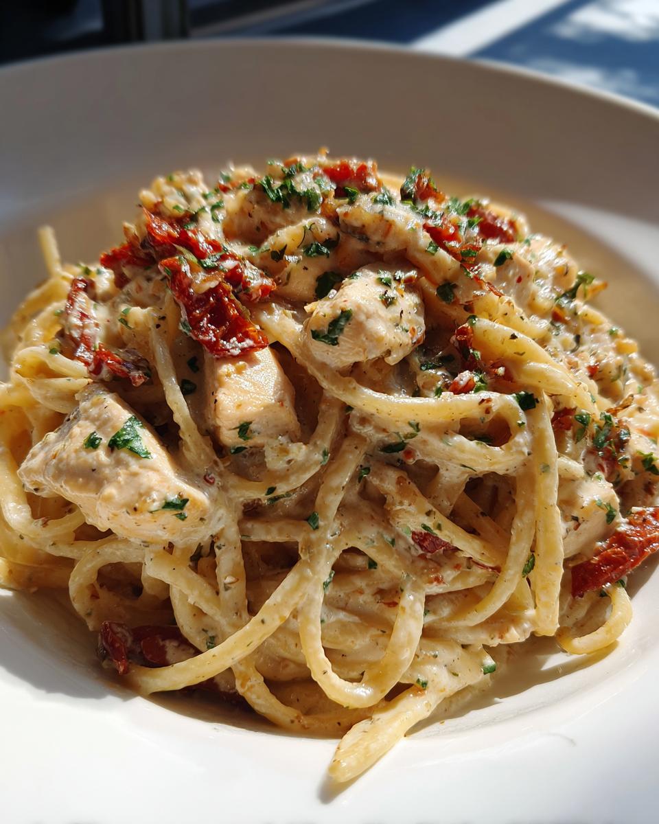 Close-up of a bowl of creamy chicken pesto pasta mixed with sun-dried tomatoes and fresh parsley.