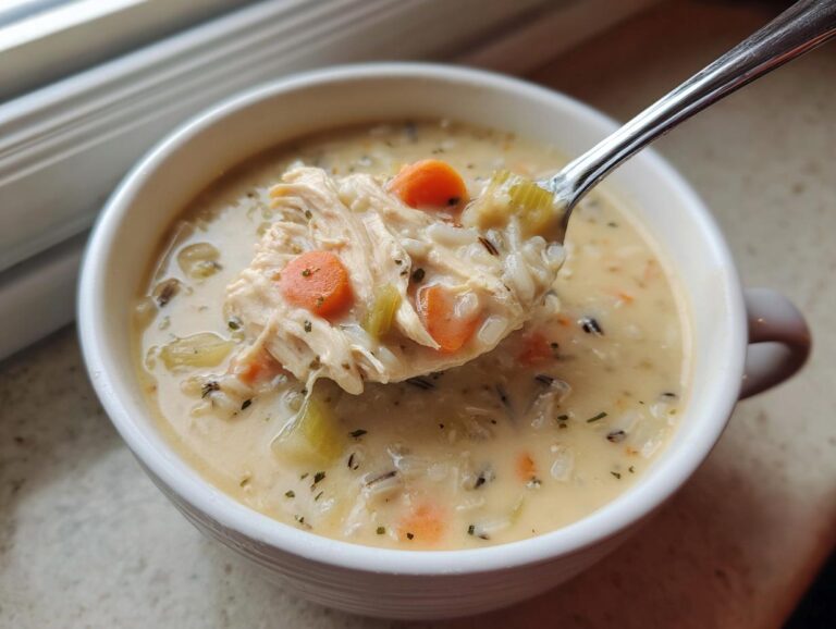 A spoonful of creamy chicken wild rice soup, showing shredded chicken, carrots, and wild rice, lifted from a white bowl.