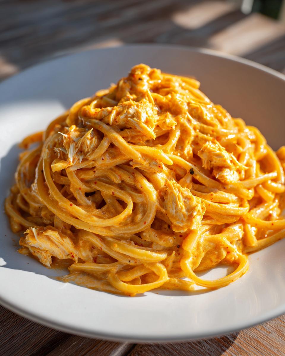 Close-up of a generous serving of creamy, orange-hued crab pasta piled high on a white plate.