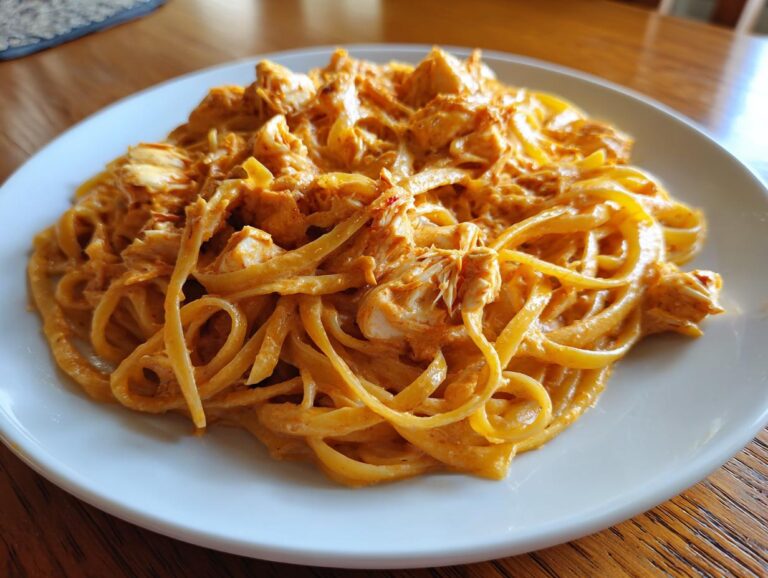 A close-up view of a generous serving of creamy, orange-hued crab pasta tossed with linguine or fettuccine on a white plate.