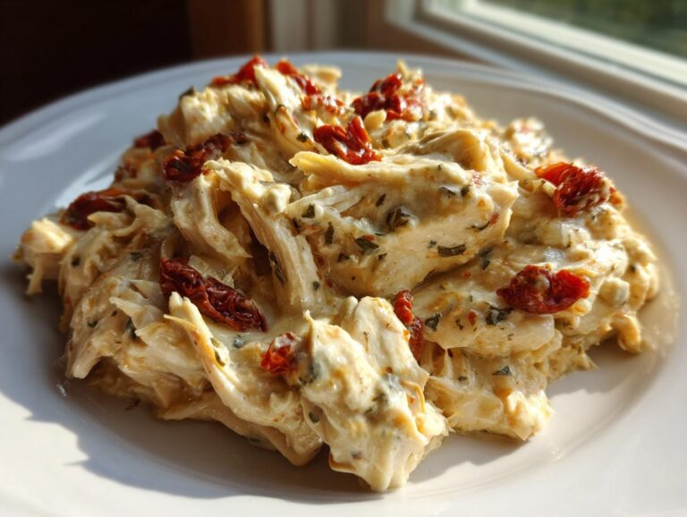 A close-up of creamy, shredded Crockpot Marry Me Chicken topped with sun-dried tomatoes and herbs on a white plate.