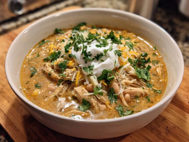 A close-up of a creamy crockpot white chicken chili topped with sour cream, shredded cheese, and fresh cilantro.