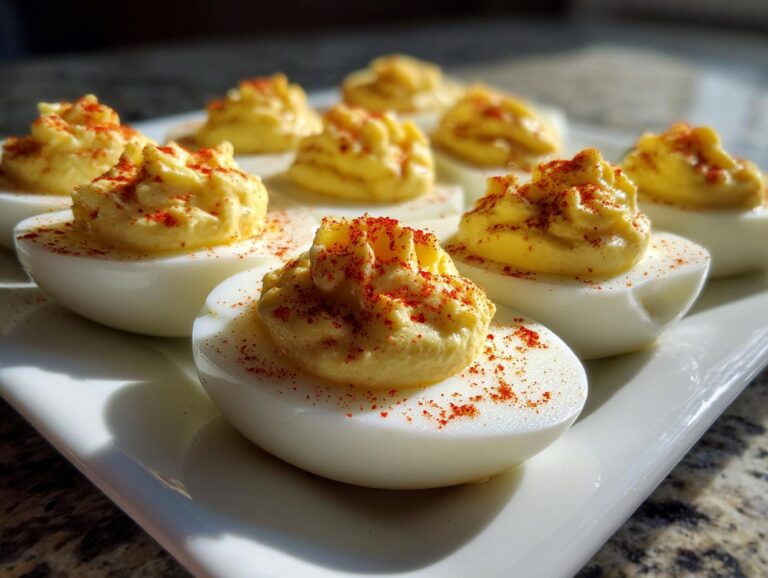 Close-up of creamy deviled eggs piped high and sprinkled with paprika, arranged on a white serving platter.