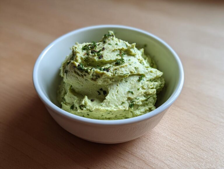 A close-up of creamy, light green dill pickle dip topped with fresh dill and peppercorns in a white bowl.