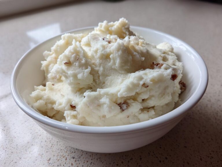 A close-up of fluffy, creamy garlic mashed potatoes served in a white bowl, showing flecks of roasted garlic skin.