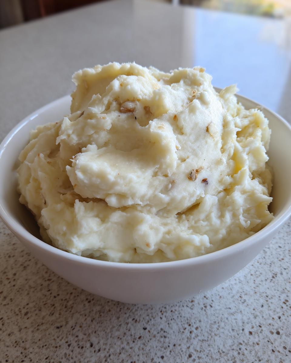A close-up of a white bowl filled with fluffy, creamy garlic mashed potatoes, showing flecks of roasted garlic.