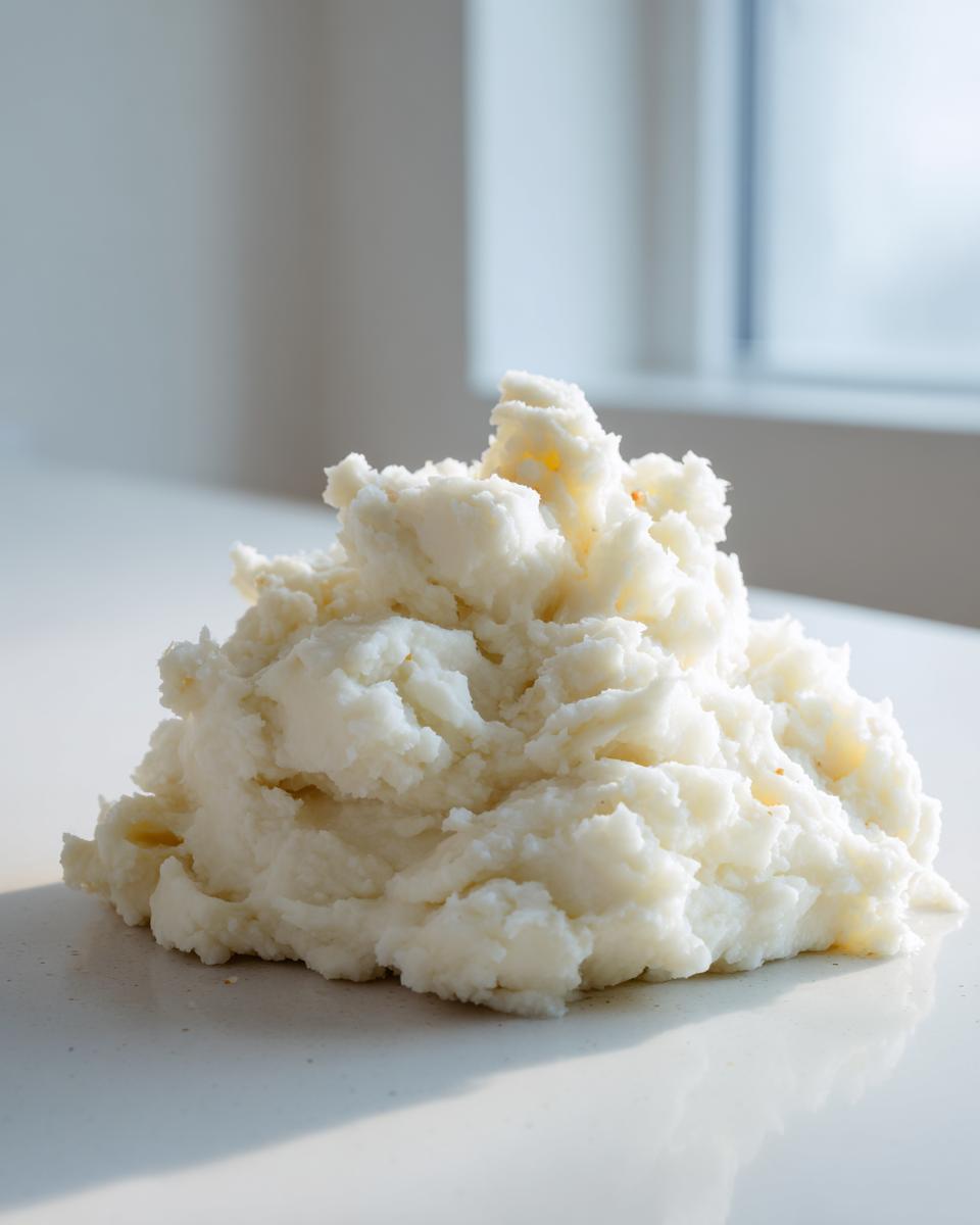 A mound of fluffy, creamy garlic mashed potatoes sitting on a bright white countertop.