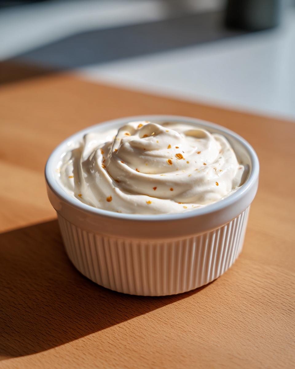 A small white ramekin filled with thick, creamy garlic sauce, sprinkled with golden specks.