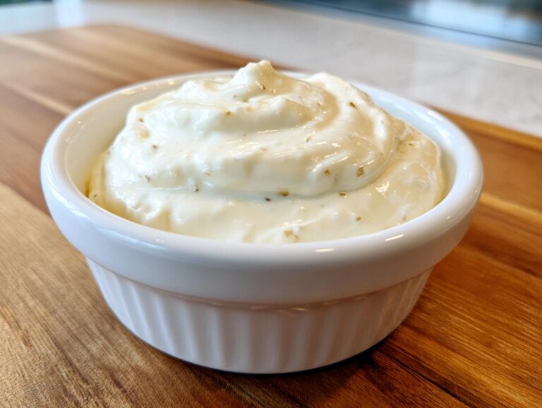 A close-up of thick, creamy garlic sauce swirled in a small white ramekin, resting on a wooden cutting board.