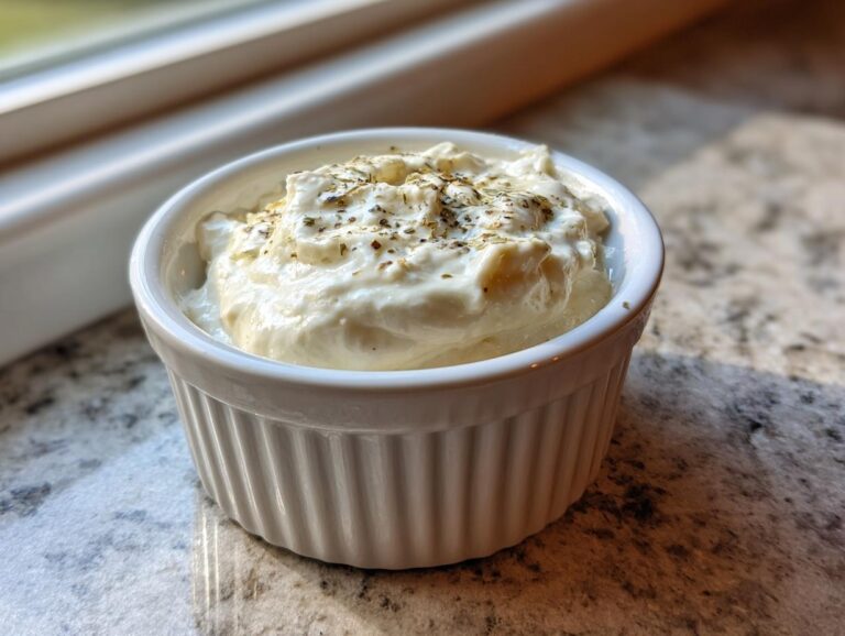 A small white ramekin filled with creamy horseradish sauce, topped with dried herbs.
