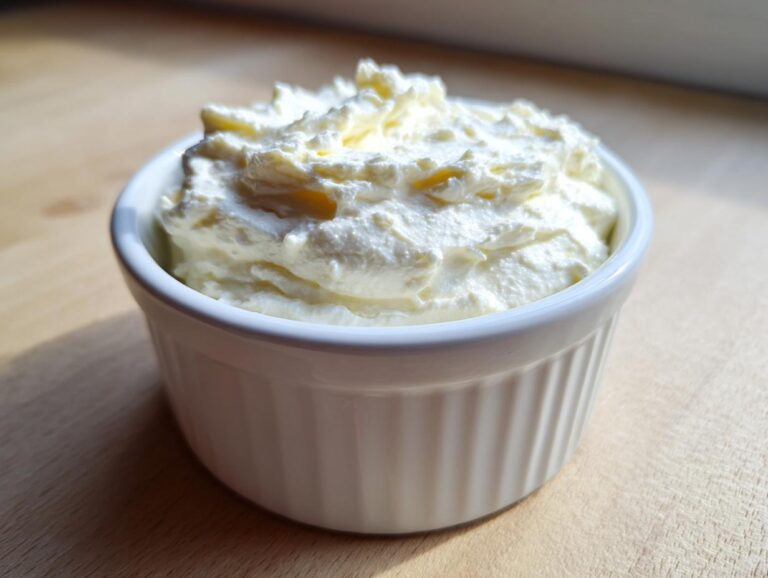 A close-up of freshly whipped creamy horseradish sauce filling a small white fluted ramekin.