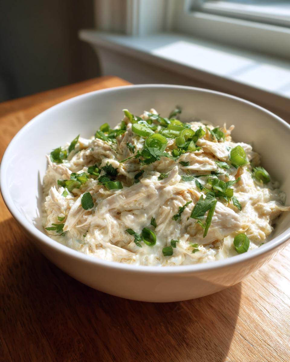 A close-up of creamy keto white chicken chili, featuring shredded chicken in a white sauce, topped with fresh green onions and cilantro.