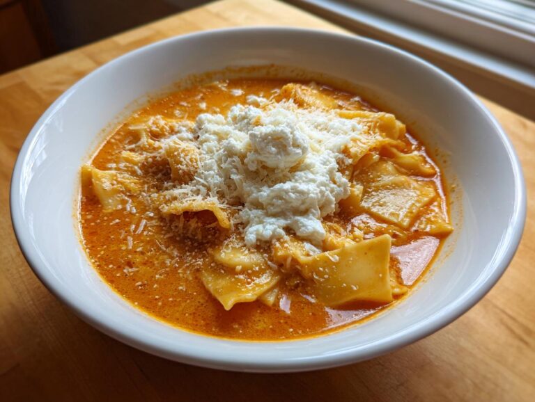 A close-up of a white bowl filled with rich, orange creamy lasagna soup featuring pasta pieces and topped generously with ricotta cheese.