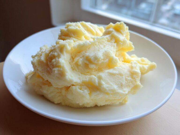 A generous scoop of fluffy, creamy mashed potatoes served on a white plate near a window.
