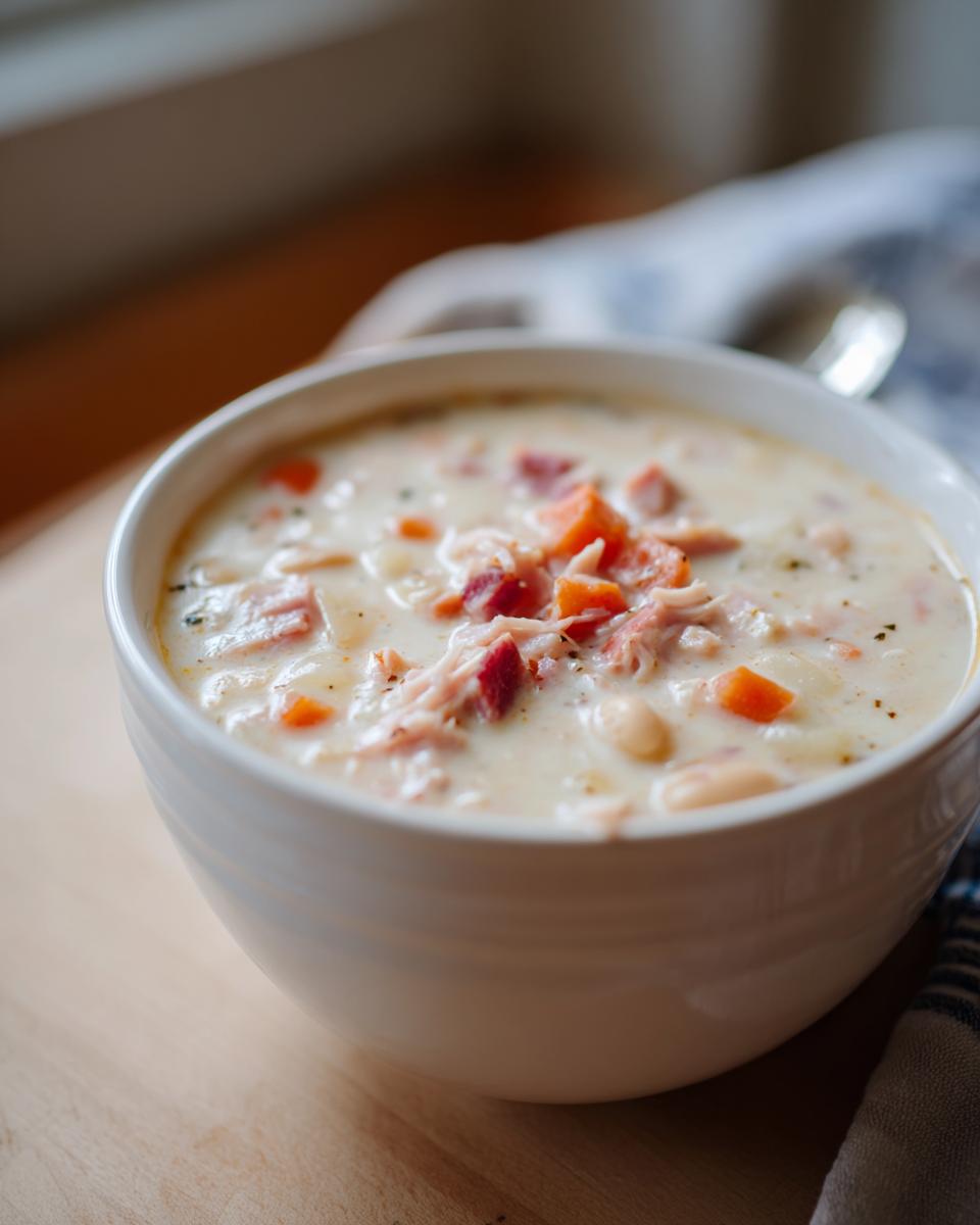 Close-up of a creamy bowl of amazing navy bean soup featuring shredded ham and diced carrots.