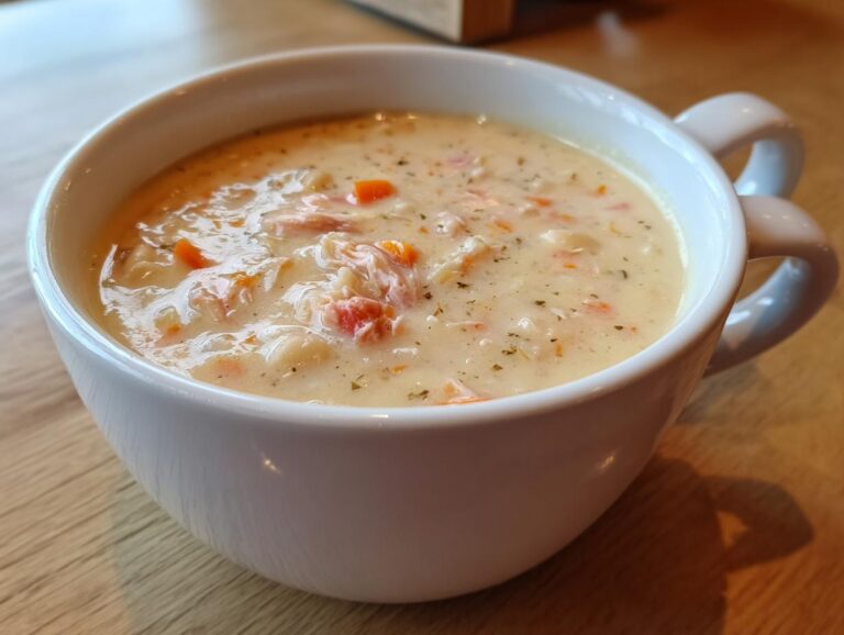 Close-up of a rich, creamy navy bean soup with visible chunks of vegetables and herbs in a white handled mug.