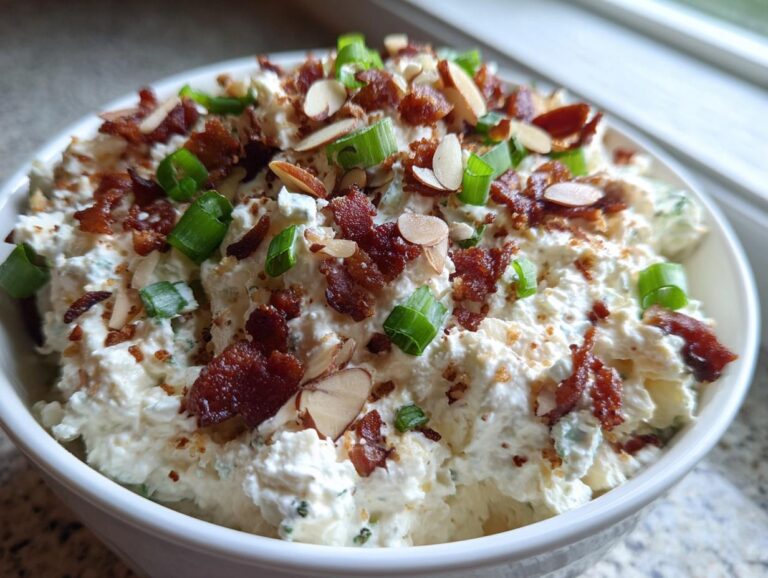 A close-up of the creamy Neiman Marcus dip topped generously with crumbled bacon, sliced almonds, and green onions.