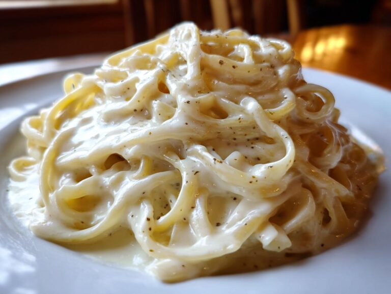Close-up of fettuccine pasta generously coated in rich, creamy Olive Garden Alfredo Sauce and sprinkled with black pepper.