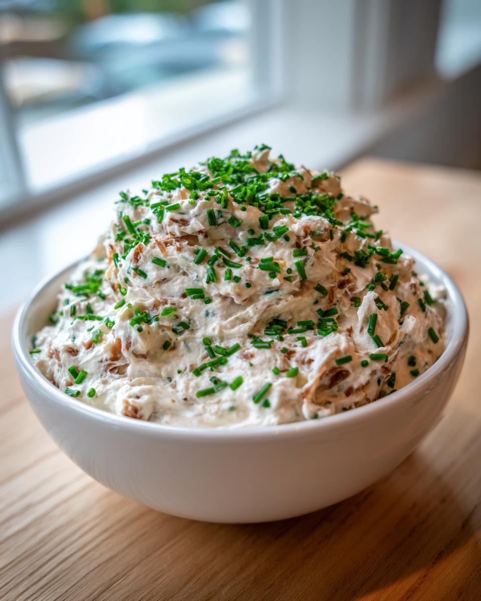 A white bowl filled with creamy onion dip, generously topped with chopped green chives.