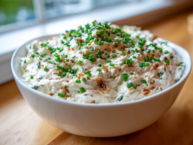 A white bowl filled with creamy onion dip, generously topped with chopped green chives and caramelized onions.