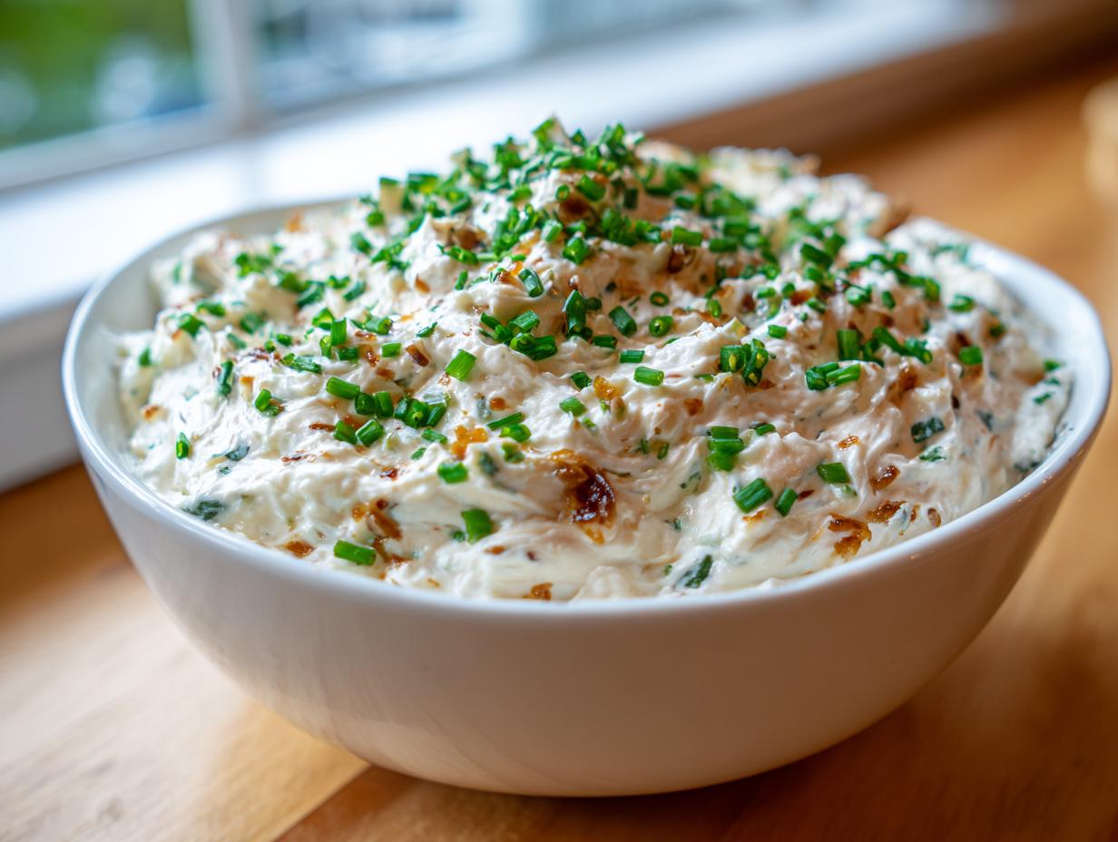 A white bowl filled with creamy onion dip, generously topped with chopped green chives and caramelized onions.