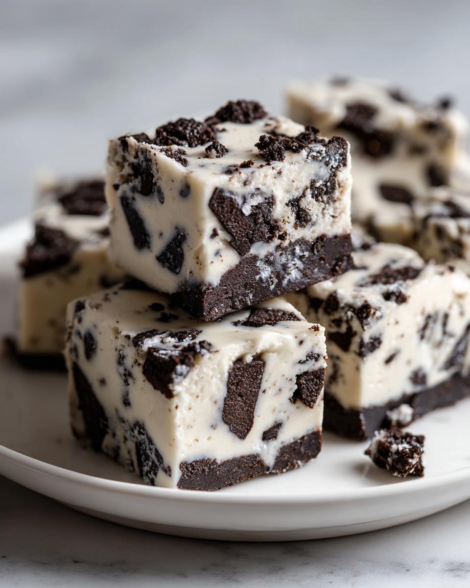 Close-up of stacked, creamy white Oreo fudge squares loaded with dark chocolate cookie pieces.