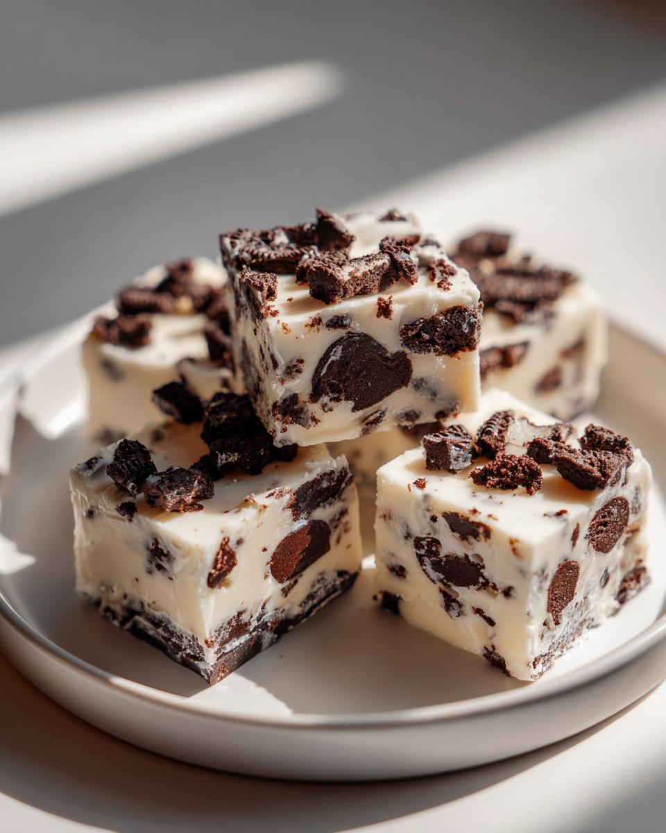 Four squares of creamy white Oreo fudge studded with dark chocolate cookie pieces, stacked on a white plate.