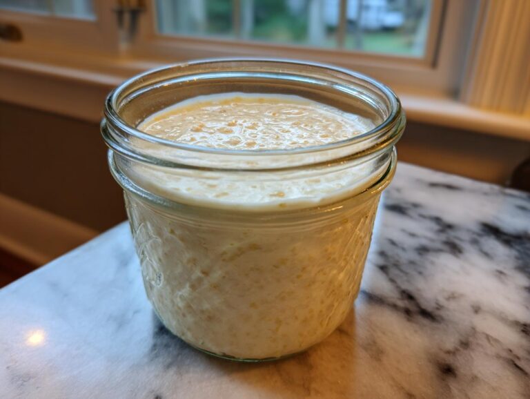 A close-up of the creamy base for overnight oats soaking in a glass mason jar.