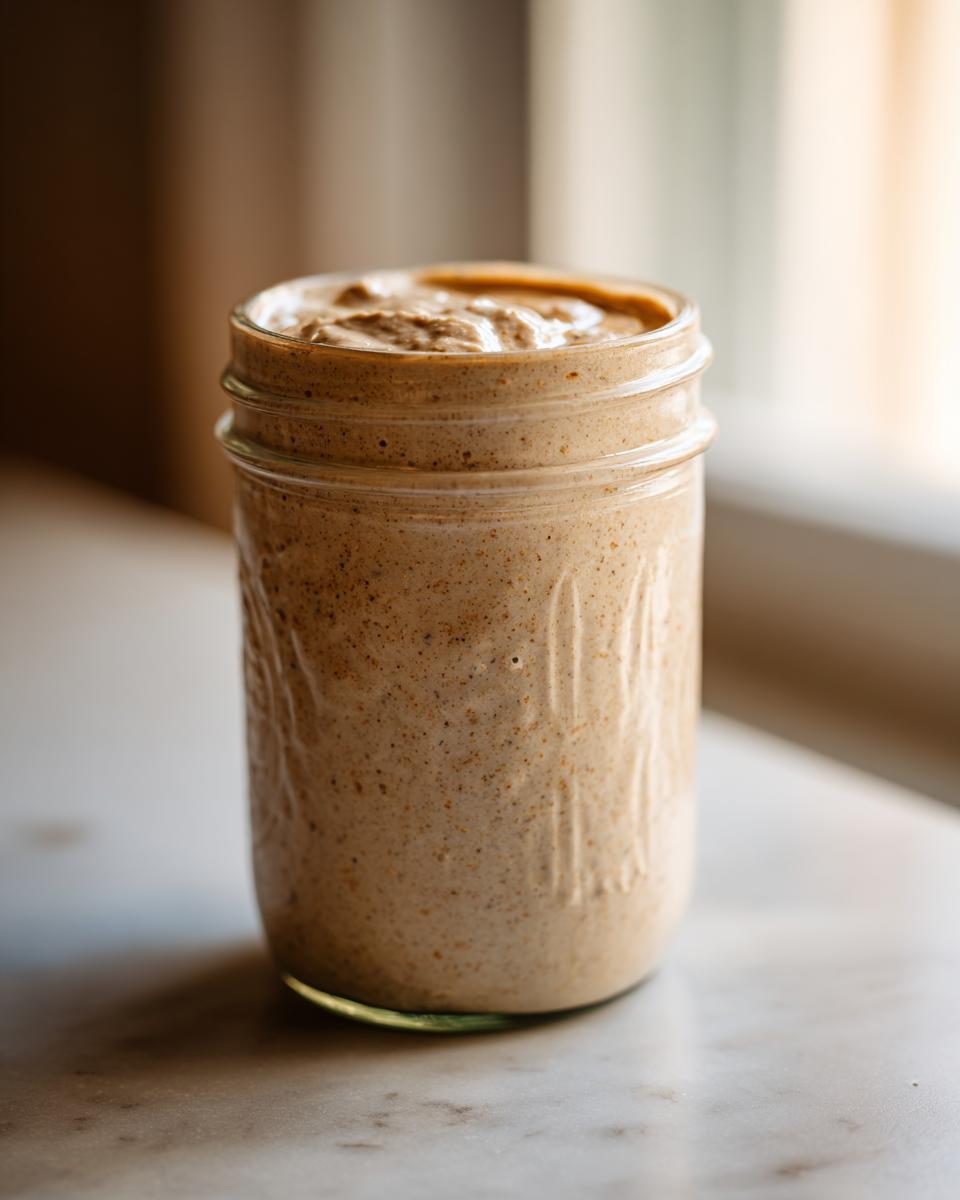 A close-up of creamy, speckled overnight oats filling a mason jar, ready to eat.