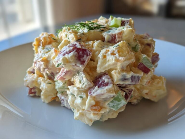 A mound of creamy red potato salad featuring chunks of red-skinned potatoes, celery, and dill, served on a white plate.