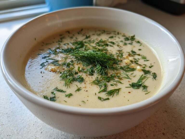 Close-up of a creamy bowl of roasted cauliflower soup garnished with fresh dill and parsley.