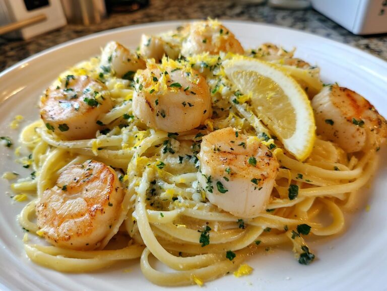 Close-up of creamy seafood pasta topped with perfectly seared scallops, lemon zest, and parsley.