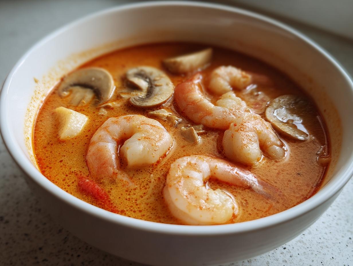 Close-up of a white bowl filled with creamy, orange-red tom yum soup featuring large shrimp and sliced mushrooms.