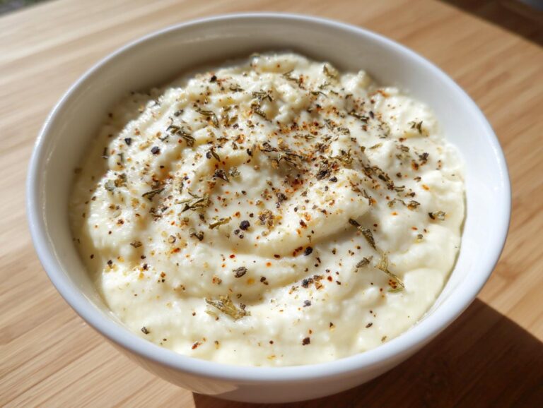 A close-up of creamy white pizza sauce in a white bowl, seasoned with black pepper and dried herbs.