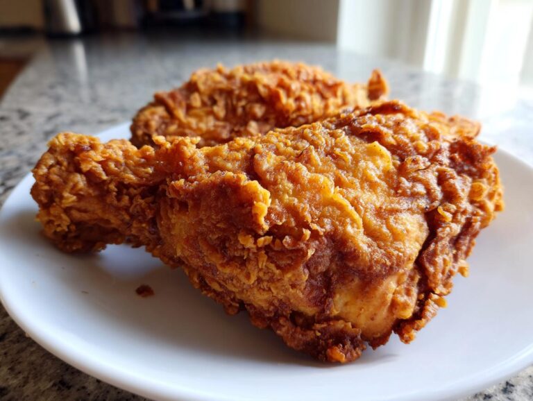 Two pieces of golden brown, crispy air fryer fried chicken resting on a white plate.